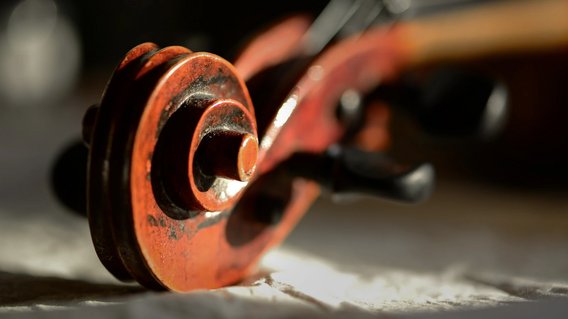 Nahaufnahme einer Violine in warmem Licht. 
