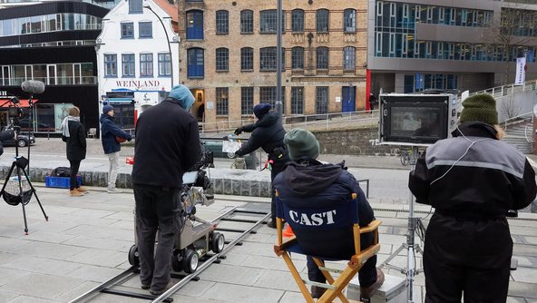 Filmteam bei Dreharbeiten in Hamburg