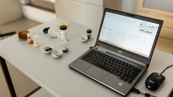 Laptop, der die Auswertung einer R&ouml;ntgenfluoreszensanalyse zeigt