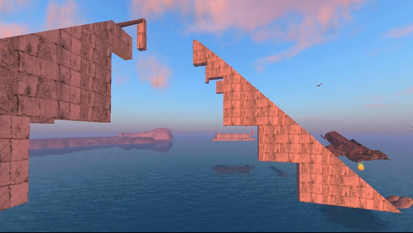 Ein computergeneriertes Bild einer virtuellen Welt zeigt zwei Brücken über Wasser.