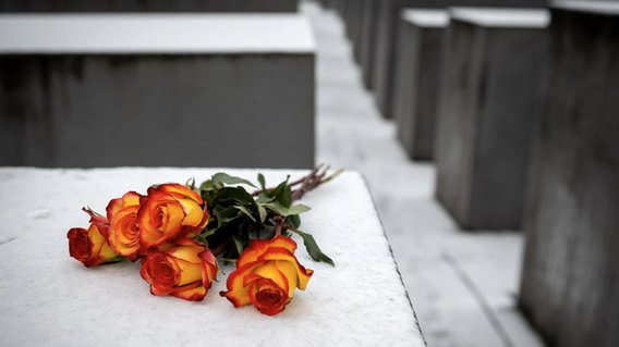 Rot-gelbe Rosen liegen auf einer Betonstele im Schnee. 