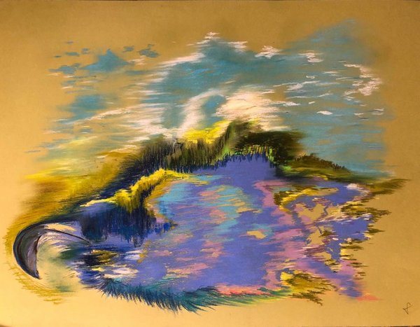 Abstrakte Malerei in Blau-Gelb-T&ouml;nen mit dem Titel "Drei V&ouml;gel"