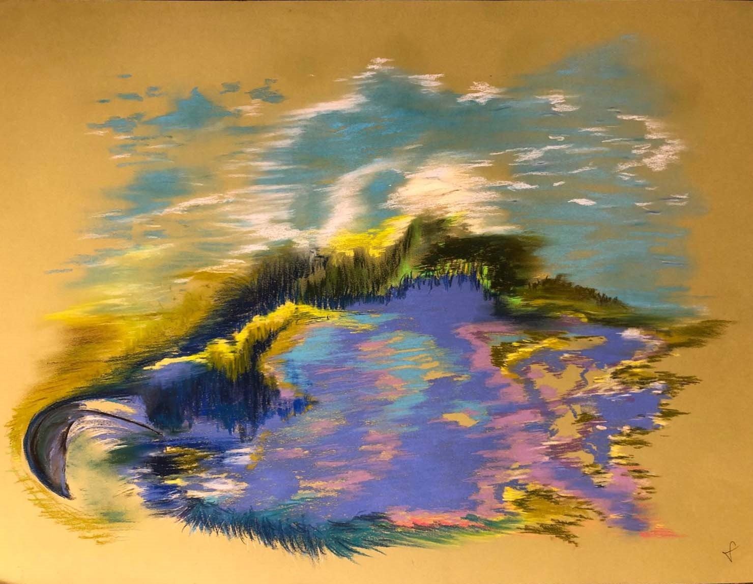 Abstrakte Malerei in Blau-Gelb-T&ouml;nen mit dem Titel "Drei V&ouml;gel"