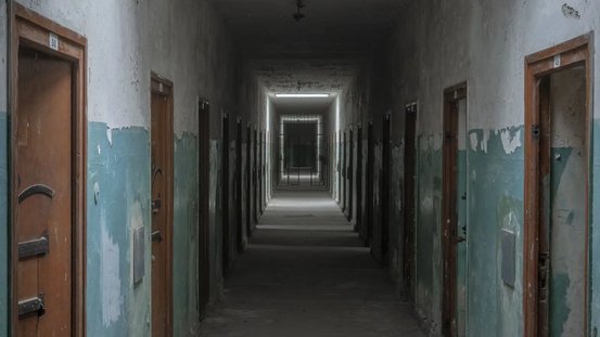 Blick in einen Flur des ehemaligen Lagergef&auml;ngnisses in der KZ-Gedenkst&auml;tte Dachau