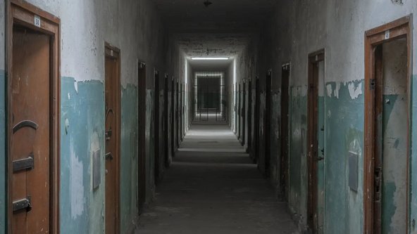 Blick in einen Flur des ehemaligen Lagergef&auml;ngnisses in der KZ-Gedenkst&auml;tte Dachau